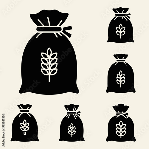 Collection of Black Sacks with Wheat Symbol, Agriculture and Harvest Concept
