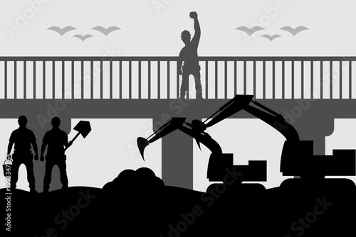 Construction Site Workers and Machinery Silhouette Illustration Background