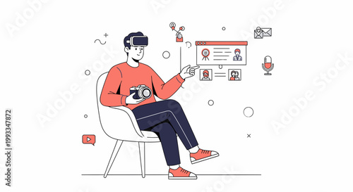 Man in VR headset with camera explores virtual reality interface, digital content creation