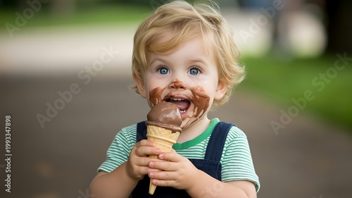 Happy blonde boy with blue eyes enjoys messy chocolate ice cream cone outdoors
