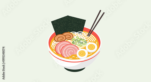 Flat illustration of a bowl of ramen with noodles, egg, and vegetables, concept of Japanese cuisine  