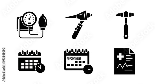 Medical Icons: Blood Pressure, Otoscope, Reflex Hammer, Calendar, Appointment, Report