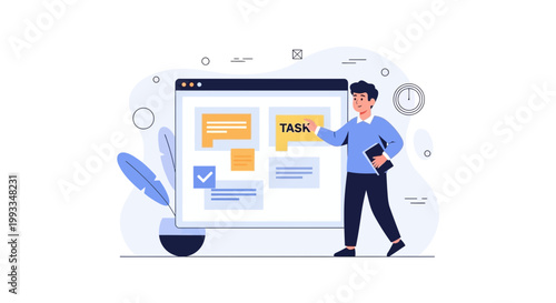 Man organizing tasks on a digital board, project management concept illustration