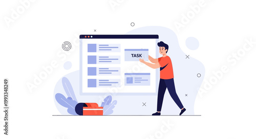 Man organizing tasks on a digital board, business planning and workflow concept