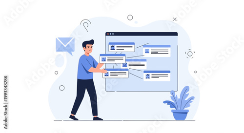 Man organizing user profiles on a digital board, business networking concept