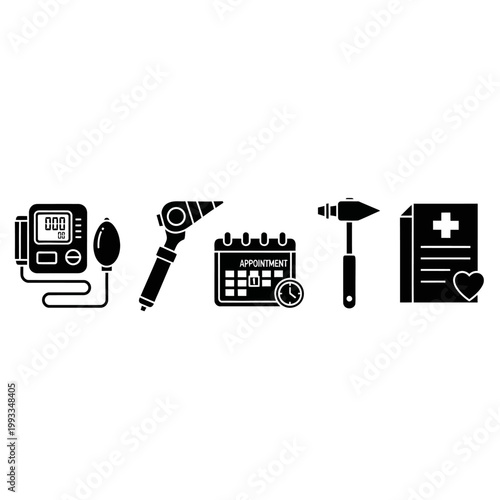 Medical Icons: Blood Pressure Monitor, Otoscope, Calendar, Stethoscope, Medical Record