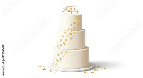 Elegant Three Tier Birthday Cake with Gold Confetti and "Happy Birthday" Topper