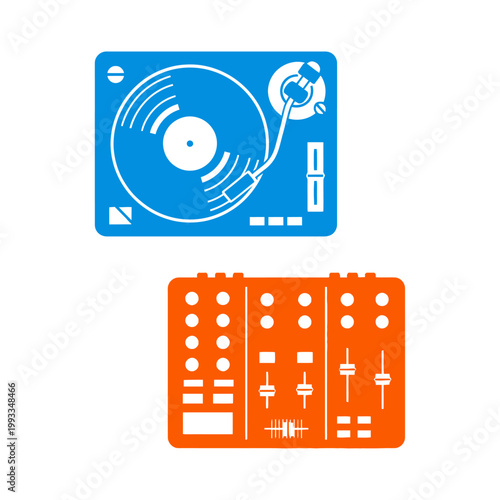 Turntable and DJ Mixer Icon Set: Blue and Orange Graphic Elements