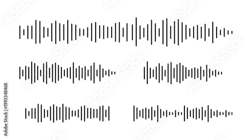 Podcast sound wave audio waveform set. Voice note, message, music frequency equalizer vector illustration. igital voice signal patterns, equalizer lines and recording note symbols