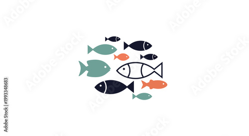 School of Fish Swimming Together, Simple Flat Design