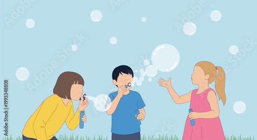 Three happy children blowing bubbles outdoors, enjoying a playful day together.