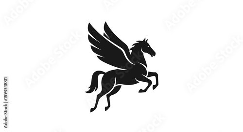 Silhouette of a flying Pegasus horse with spread wings on a white background