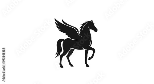Silhouette of a majestic winged horse, Pegasus, in black against a clean white background.