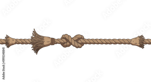 Tangled rope with frayed ends and a knot, symbolizing risk, danger, and breaking point.