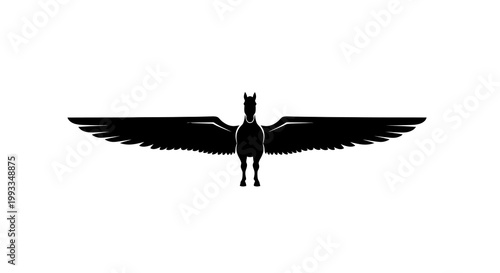 Silhouette of a winged horse, Pegasus, with spread wings on white background