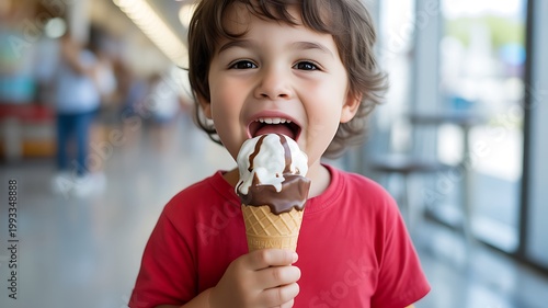 Happy little boy excitedly prepares to eat his delicious chocolate and vanilla ice cream cone