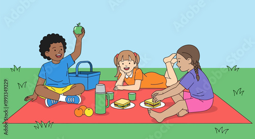 Three happy children enjoying a picnic outdoors on a sunny day.