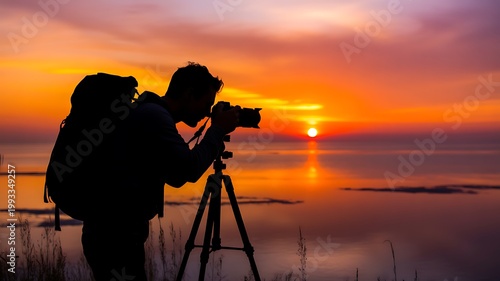 Hiker photographer captures breathtaking colorful sunset over the ocean with tripod