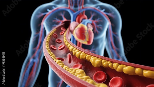Human circulatory system showing clogged artery with cholesterol deposits