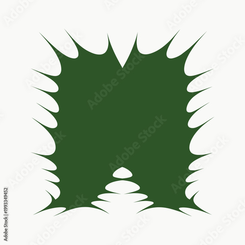 A green winter fir tree illustration featuring a blank greeting card frame with festive star ornaments and snow decorations for a New Year holiday celebration vector design