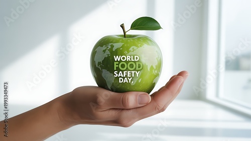 Human hand gently presenting green apple with world map and food safety text