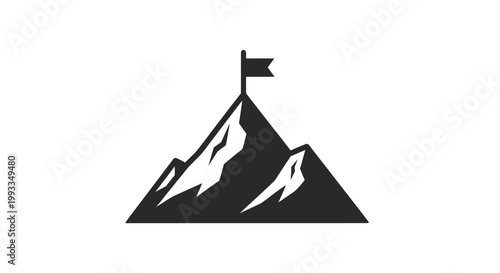 Summit flag on mountain peak, symbolizing achievement and success.
