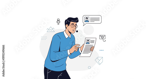 Man reviewing resume and job application with speech bubble and microphone icons