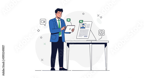 Man using tablet for online job interview, resume on screen, video call icons