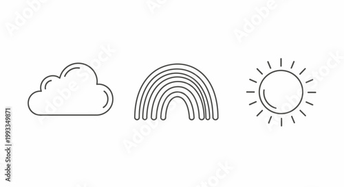 Cloud, Rainbow, Sun Icons: Weather Symbols, Simple Line Art, Isolated on White