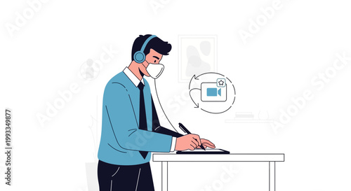 Man wearing mask and headphones, learning online, writing notes, remote work concept