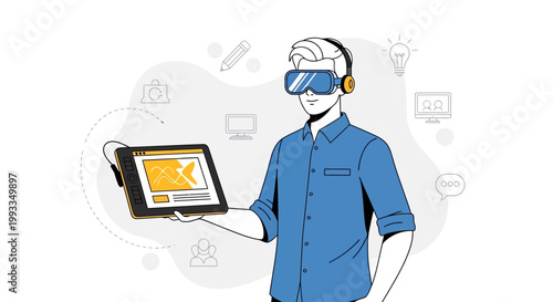 Man wearing VR headset holding tablet, virtual reality and digital design concept