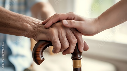 Intergenerational hands show compassion and support to an elderly persons hand on a cane