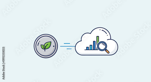 Cloud analytics data processing with digital coin and leaf icon, financial growth concept