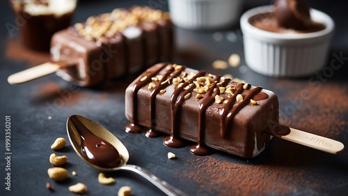 Irresistible chocolate covered ice cream bars with nuts and sauce on a dark table