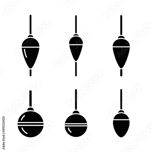 Set of Fishing Floats Icons: Bobbers, Buoys, Floats for Fishing Rods - Black and White Vector Graphics