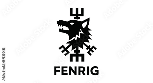 Black Wolf Head Emblem with Norse Symbols and "FENRIG" Text