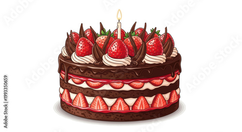 Delicious Chocolate Strawberry Cake with Burning Candle, Birthday Celebration