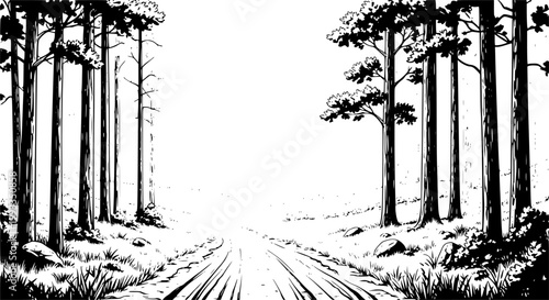 Collection of hand drawn forest elements including trees bushes and rocks in black and white