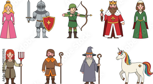 Medieval Fantasy Characters Set Featuring Princess Knight Archer King Wizard Farmer and Unicorn for Fairy Tale Illustration Design.