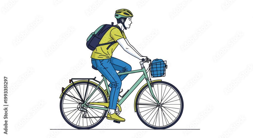 Fototapeta premium Man Riding Bicycle with Backpack and Basket - Urban Commute Illustration