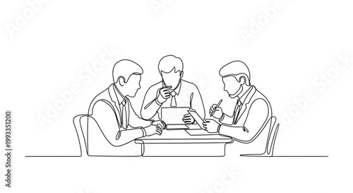 Three businessmen in a meeting, discussing strategy at a table, teamwork, brainstorming