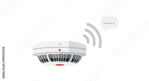 Smart smoke detector sending wireless alert notification on white background, security concept
