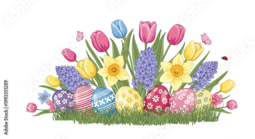 Easter Eggs and Spring Flowers Arrangement with Butterflies and Ladybug