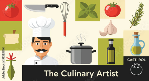 Culinary Artist Concept. Chef Illustration. Flat Design Style. Vector Graphic. Kitchen Poster Art.