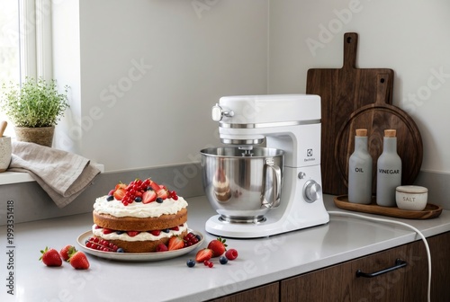 Modern kitchen scene featuring a stand mixer next to a freshly baked cake with berries