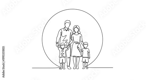 Minimalist family portrait, one-line drawing, parents with two children, circle background