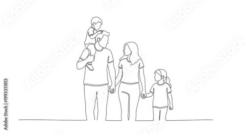 Continuous line drawing of a happy family with two children, parents holding hands, son on shoulders
