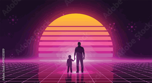 Father and Son Silhouette. Synthwave Style. Retro Digital Landscape. Neon Horizon Art.