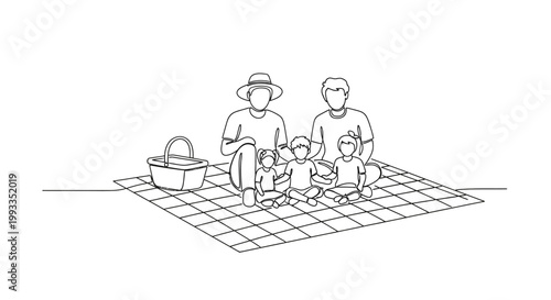 Family Picnic Line Art: Parents and Three Children Enjoying Outdoors on Blanket