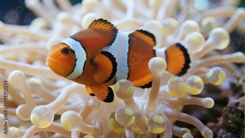 A clownfish swims among the tentacles of a sea anemone in a vibrant underwater scene.